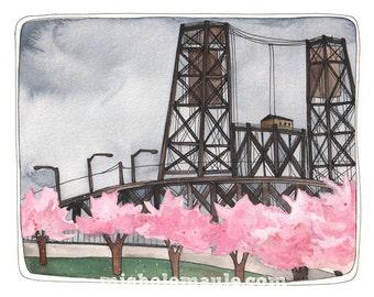 May include: A watercolor painting of a bridge with pink cherry blossoms in the foreground. The bridge is made of steel and has a dark gray color. The sky is a light gray with some clouds. The cherry blossoms are in full bloom and are a bright pink color.
