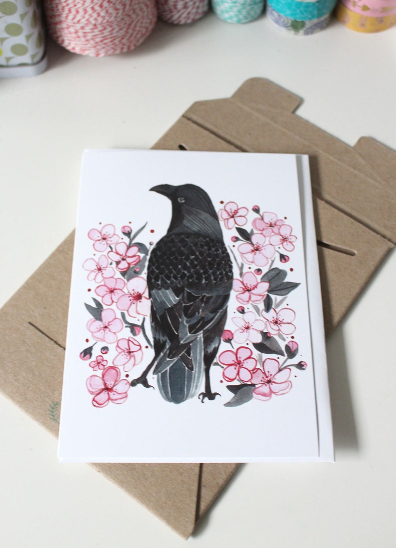 Crow Greeting Card Spring Greeting Card Mother's Day Card Crow Illustration Crow Note Card Crow and Blossoms 画像 4