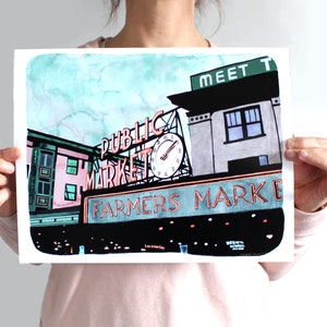 Seattle Art Illustration Print - Pike Place Market 11x14&quot;
