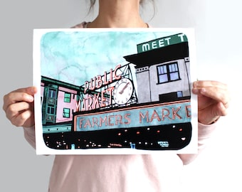 Seattle Art Illustration Print - Pike Place Market 11x14"