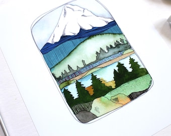 Oregon Watercolor Art Print of Majestic Mt. Hood - 8x10 Wall Art