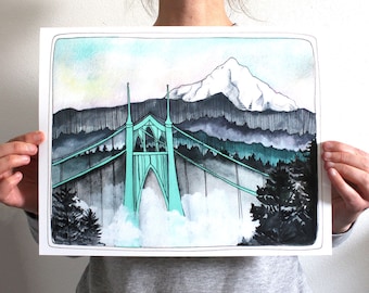 Portland Oregon Hand Drawn Art Print - 11x14 St Johns Bridge
