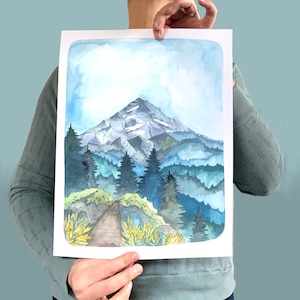 Oregon Illustration Art Print - Mt Hood Hike 11x14