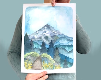 May include: Watercolor painting of a mountain range with a path leading through the trees. The mountain peaks are covered in snow and the sky is a light blue. The trees are a variety of greens and blues.