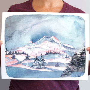 Impresión del arte de la acuarela de Oregon - Sunset Mt Hood