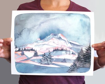 Oregon Watercolor Art Print - Sunset Mt Hood