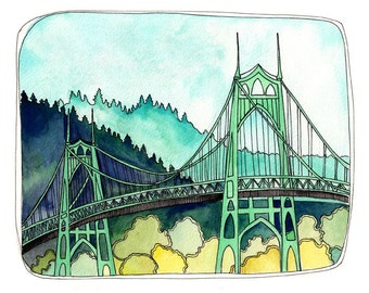 Art Print - Art Print Watercolor - Portland Illustration - Portland Bridge Art - Portland Oregon Art - 8x10 Art Print - St Johns Bridge