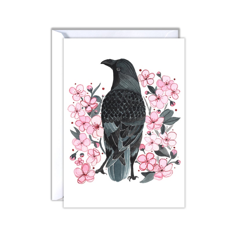 Crow Greeting Card Spring Greeting Card Mother's Day Card Crow Illustration Crow Note Card Crow and Blossoms 画像 1