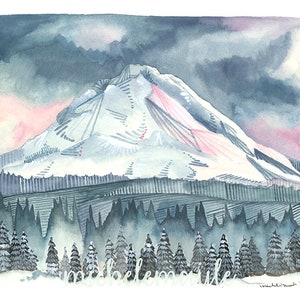 Mountain Illustration Art Print - Mt Hood in Pinks and Blues