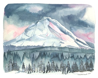 May include: Watercolor painting of a snow-covered mountain under a cloudy sky. The mountain has pink and white highlights. A forest of evergreen trees is in the foreground. The artist's signature and the word "lemolemonde" are at the bottom.