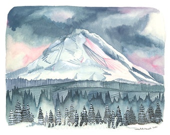 Mountain Illustration Art Print - Mt Hood in Pinks and Blues