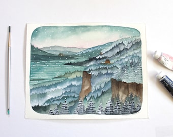 Oregon Landmark Watercolor Artwork: Majestic Columbia River Gorge