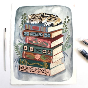 Original Hand Painted Gouache Painting - Read a Book, Take a Nap