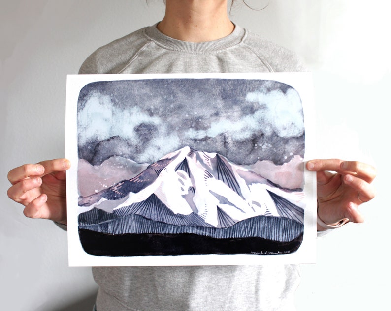 Washington State Mountain Illustration Print Mt Rainer 11x14 Print image 1