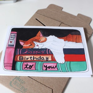 Blank Cat Birthday Card Cat Nap with Books image 4