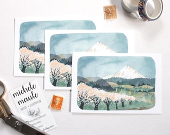 Set of Three Oregon Postcards - Mt Hood and Cherry Blossoms