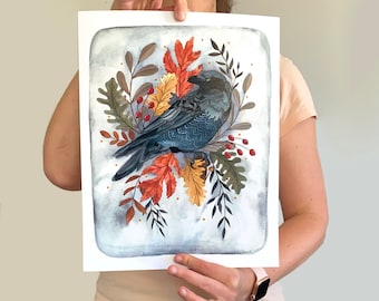 Lámina artística "Cuervo otoñal": Impresión ilustrada en gouache (11 x 14)