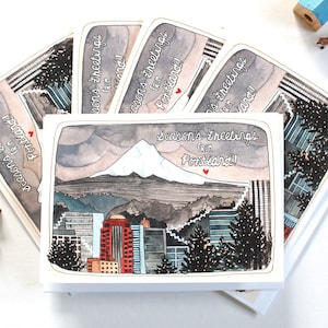 Tarjetas festivas de la Ciudad de las Rosas: Set navideño de Portland, Oregón