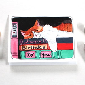 Blank Cat Birthday Card Cat Nap with Books image 2