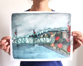 Impression d'art Portland Oregon - impression 11 x 14 du pont Hawthorne