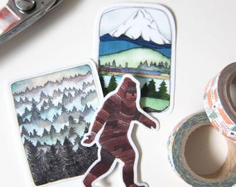 Northwest Sticker Set - Mt Hood Sasquatch and Misty Forest