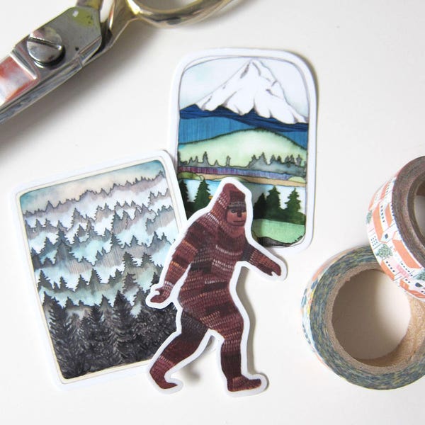 Northwest Sticker Set - Mt Hood Sasquatch and Misty Forest