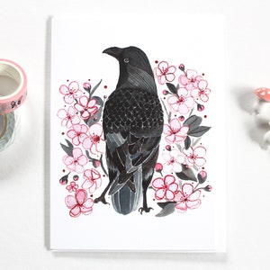 Crow Greeting Card Spring Greeting Card Mother's Day Card Crow Illustration Crow Note Card Crow and Blossoms 画像 2