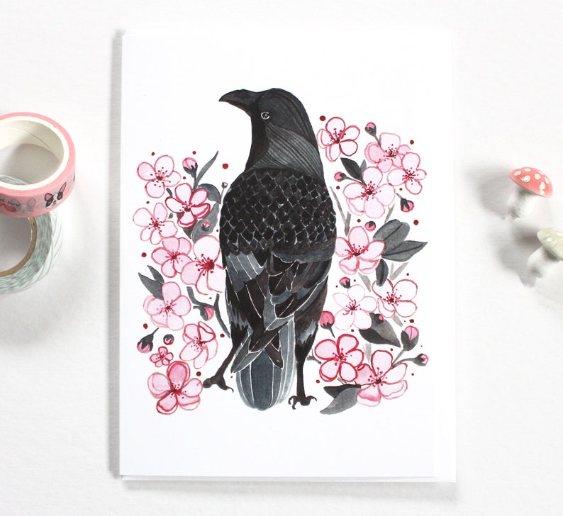 Crow Greeting Card Spring Greeting Card Mother's Day Card Crow Illustration Crow Note Card Crow and Blossoms 画像 2