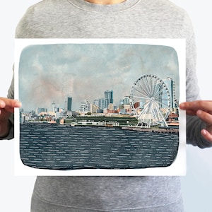 Seattle Skyline Art Print: Illustrated Waterfront View (11x14)