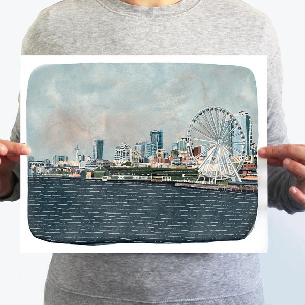 Seattle Skyline Illustrated Art Print - 11x14 Seattle Waterfront Print