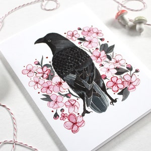 Crow Greeting Card Spring Greeting Card Mother's Day Card Crow Illustration Crow Note Card Crow and Blossoms 画像 3