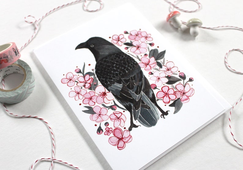 Crow Greeting Card Spring Greeting Card Mother's Day Card Crow Illustration Crow Note Card Crow and Blossoms 画像 3