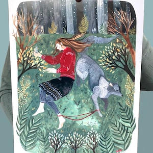 Illustratie Art Print Meisje met Wolf afbeelding 1