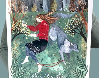 Illustration Art Print - Girl with Wolf