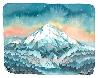May include: A watercolor painting of a snow-capped mountain peak with a blue and pink sky. The mountain is surrounded by a forest of trees. The painting is signed "michellemantle".