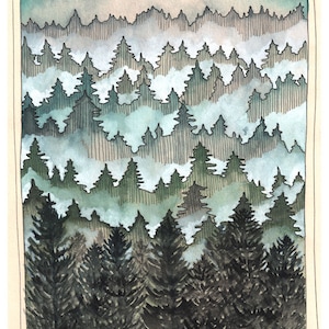 Forest Illustration Art - Northwest Misty Forest 8x10 Print