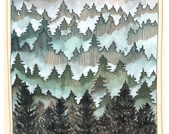 Forest Illustration Art - Northwest Misty Forest 8x10 Print