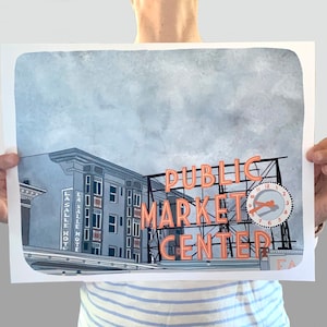 Seattle Washington 11x14 Illustrated Print - Pike Place Art Print
