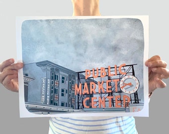 Puede incluir: Una ilustración de acuarela del letrero de Public Market Center en Seattle, Washington. El letrero está iluminado en naranja y presenta un reloj con una aguja roja. El edificio del Hotel La Salle es visible en el fondo.