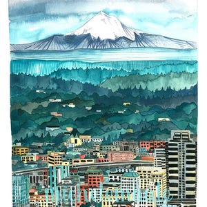 City Scape Illustration Art Print - Mt Hood Over Portland Oregon