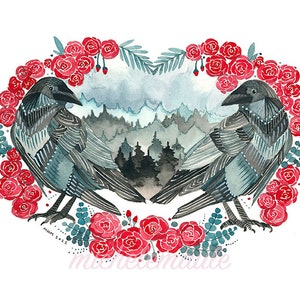 Crow Illustration Art Print - Crow Valentines