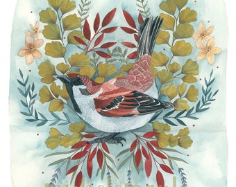 Brown Sparrow Art Print: Foliage Illustration, Bird Wall Decor (8x10)