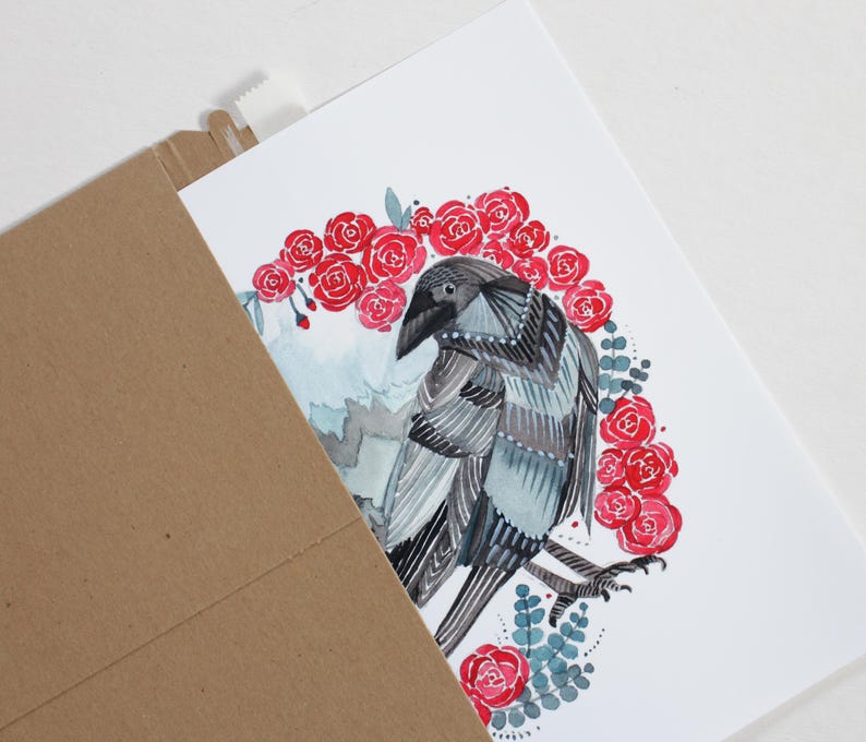 Crow Art Illustration - Two Crows and Roses - Etsy