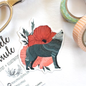 Grey Wolf with Poppies Vinyl Sticker
