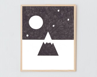 Berg + Maan-Giclée Fine Art Print (ingelijst)