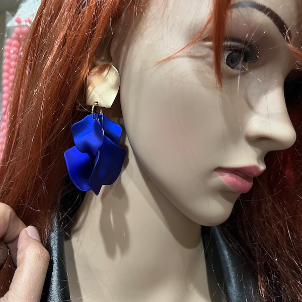 blue petal earrings flower gold long royal blue  statement chunky big dangle women