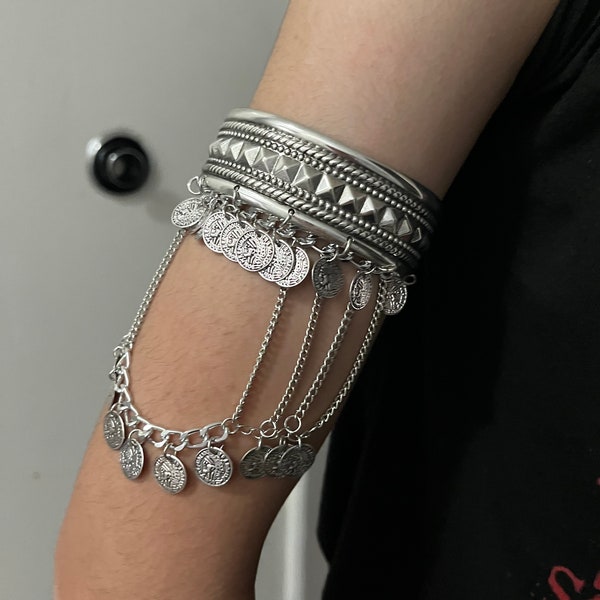 Upper arm cuff bracelet , silver   upper arm band coin gypsy costume fringe chains tassel arm bracelet
