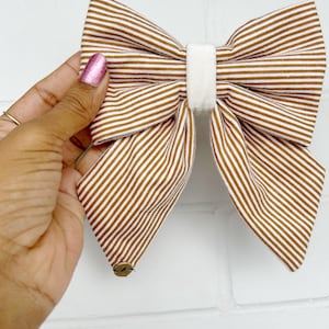 May include: A large brown and white striped bow with a white centre. The bow is held by a hand with a pink fingernail. The word "Hypic" is at the bottom of the image.