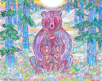Mama Bear Cubs Greeting Card, Wildlife Art, Eco Friendly, Psychedelic, Crescent Moon Forest