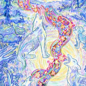 Wenskaart, zingen samen, Wolf/Coyote familie, ecovriendelijke kunst, volle maan forest lied, blauw licht Twilight, hedendaagse wildlife kunst